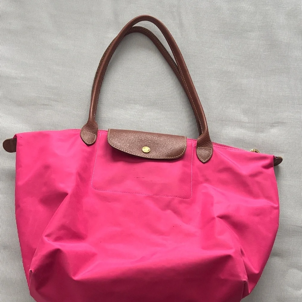 Longchamp Vibrant Pink Tote with Brown Accents - Picture 1 of 5